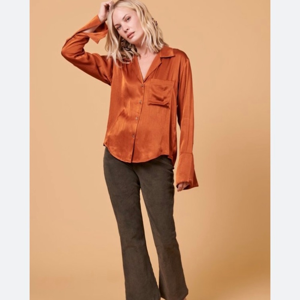 Whimsy + Row Maya button front blouse in shiny rust size XS